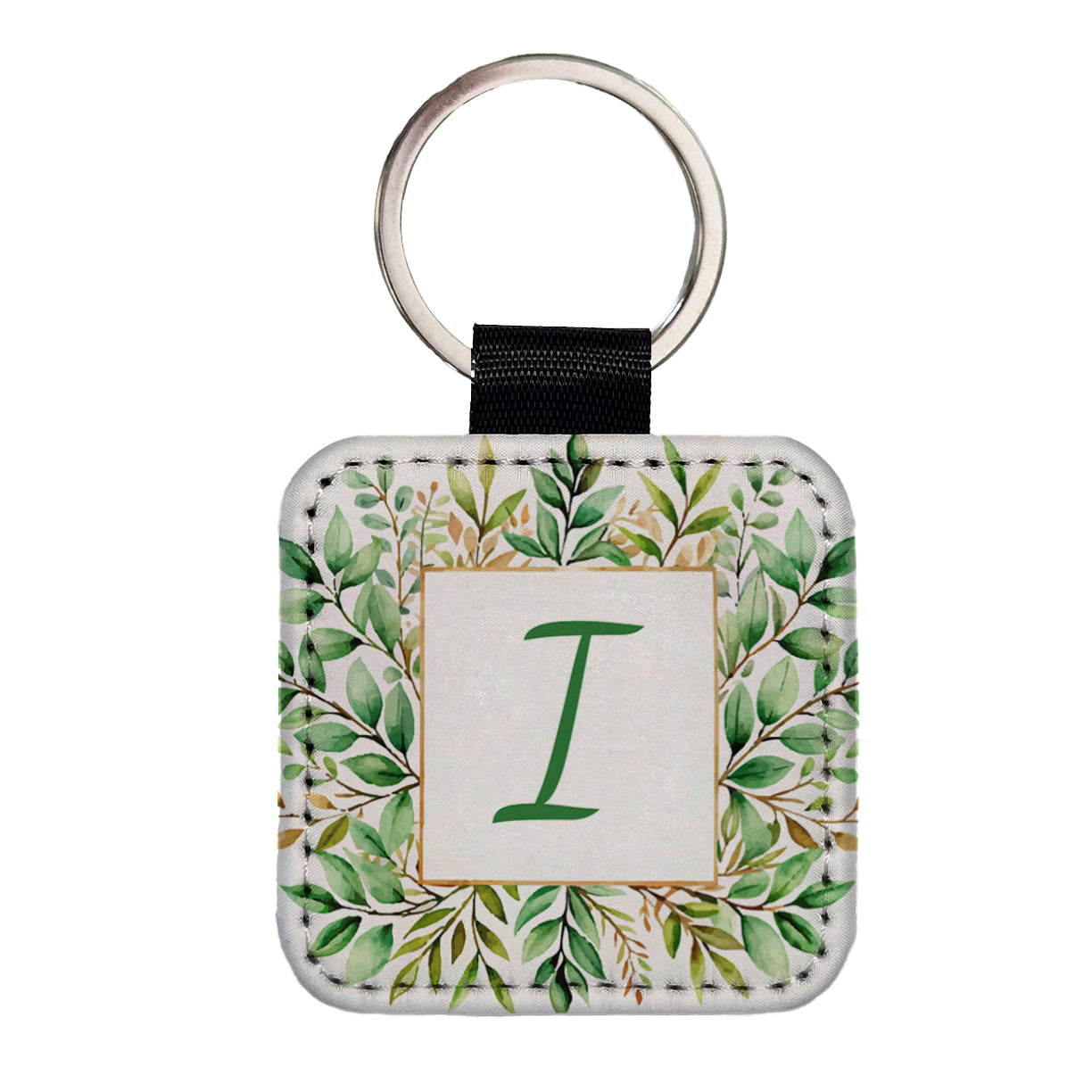 Letter I Initial Monogram Frame Leaf Square Faux Leather Keychain