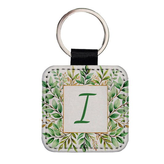 Letter I Initial Monogram Frame Leaf Square Faux Leather Keychain