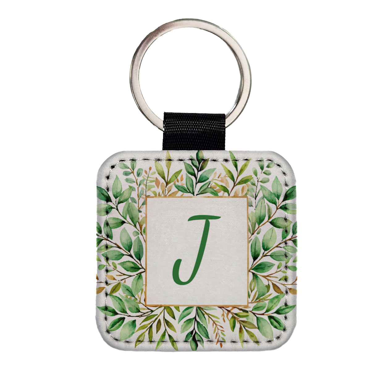 Letter J Initial Monogram Frame Leaf Square Faux Leather Keychain