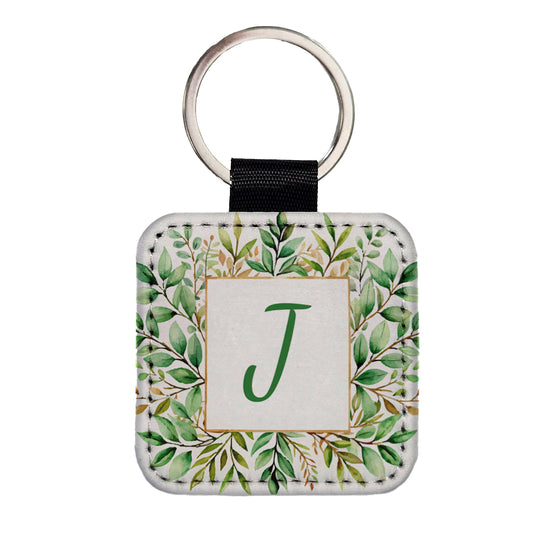 Letter J Initial Monogram Frame Leaf Square Faux Leather Keychain