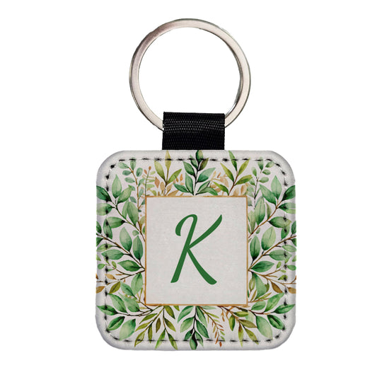 Letter K Initial Monogram Frame Leaf Square Faux Leather Keychain