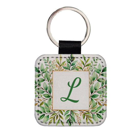 Letter L Initial Monogram Frame Leaf Square Faux Leather Keychain