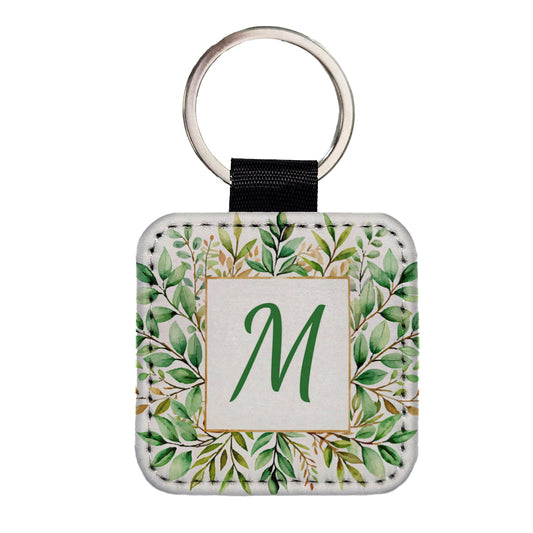 Letter M Initial Monogram Frame Leaf Square Faux Leather Keychain