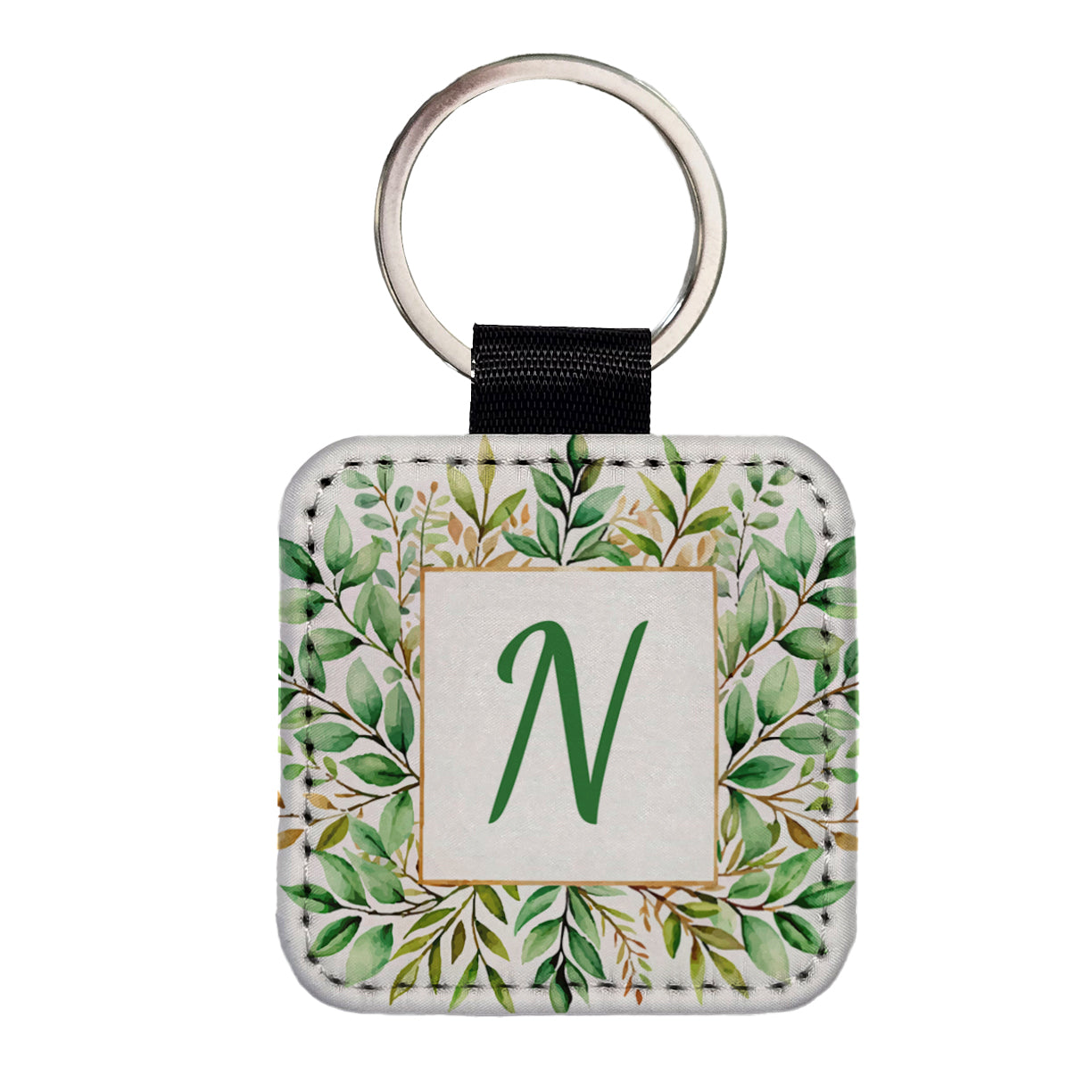 Letter N Initial Monogram Frame Leaf Square Faux Leather Keychain