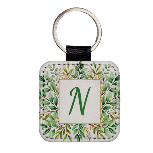 Letter N Initial Monogram Frame Leaf Square Faux Leather Keychain