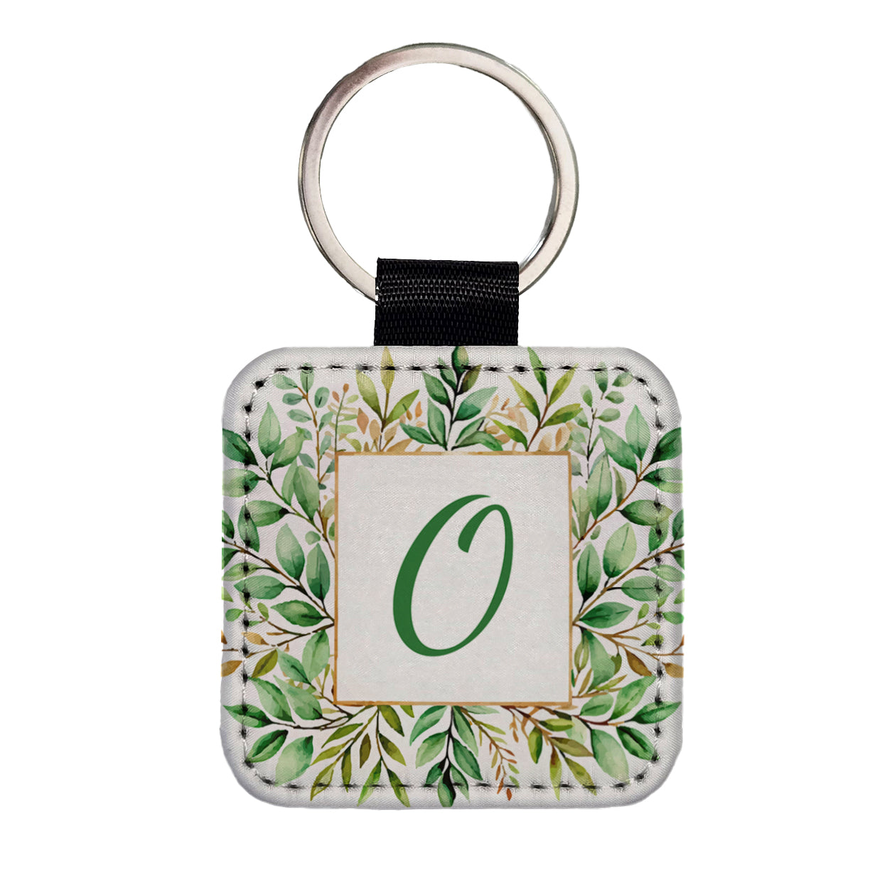 Letter O Initial Monogram Frame Leaf Square Faux Leather Keychain