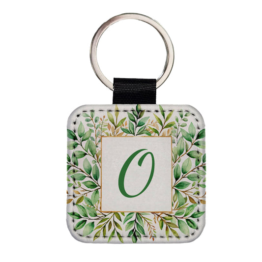 Letter O Initial Monogram Frame Leaf Square Faux Leather Keychain