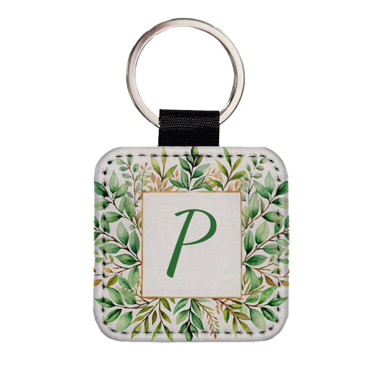 Letter P Initial Monogram Frame Leaf Square Faux Leather Keychain