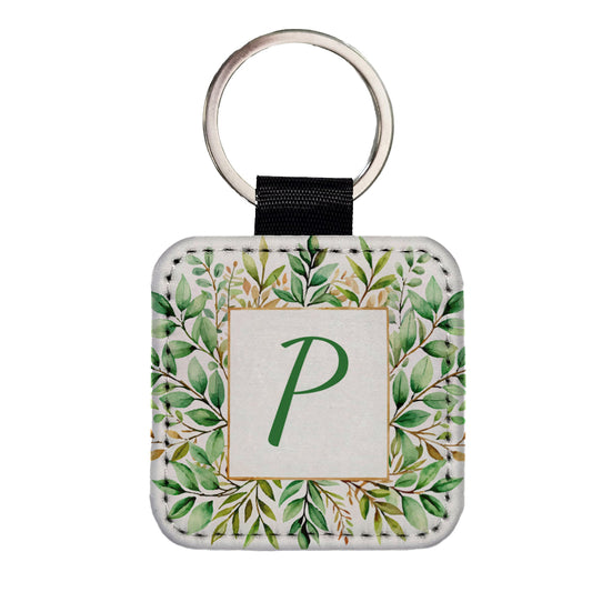 Letter P Initial Monogram Frame Leaf Square Faux Leather Keychain