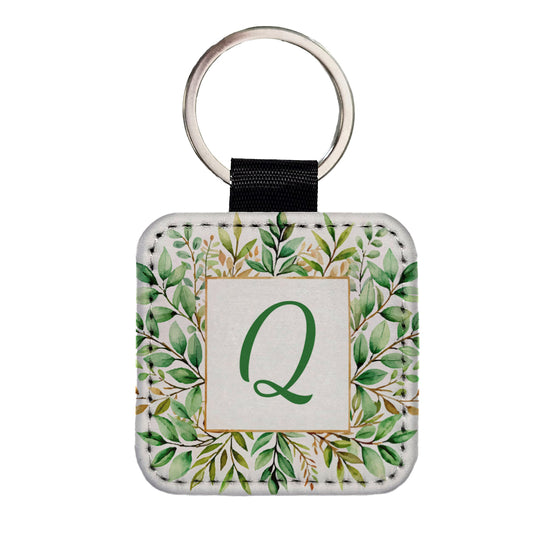 Letter Q Initial Monogram Frame Leaf Square Faux Leather Keychain
