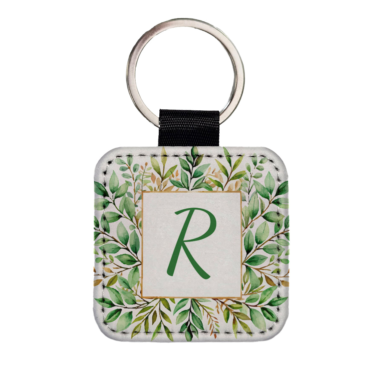 Letter R Initial Monogram Frame Leaf Square Faux Leather Keychain
