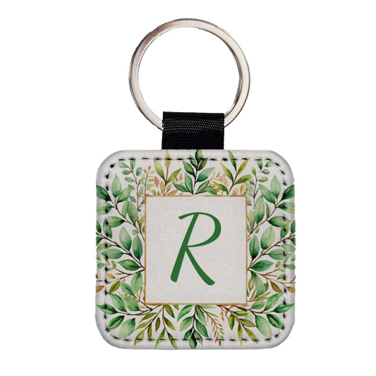 Letter R Initial Monogram Frame Leaf Square Faux Leather Keychain