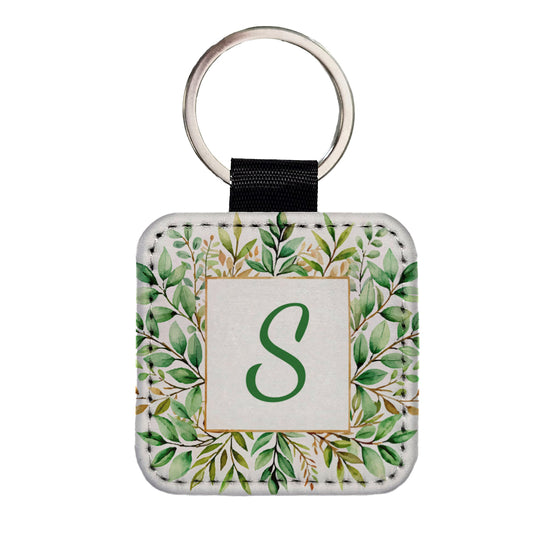 Letter S Initial Monogram Frame Leaf Square Faux Leather Keychain
