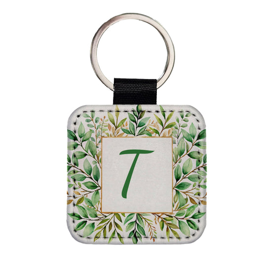 Letter T Initial Monogram Frame Leaf Square Faux Leather Keychain