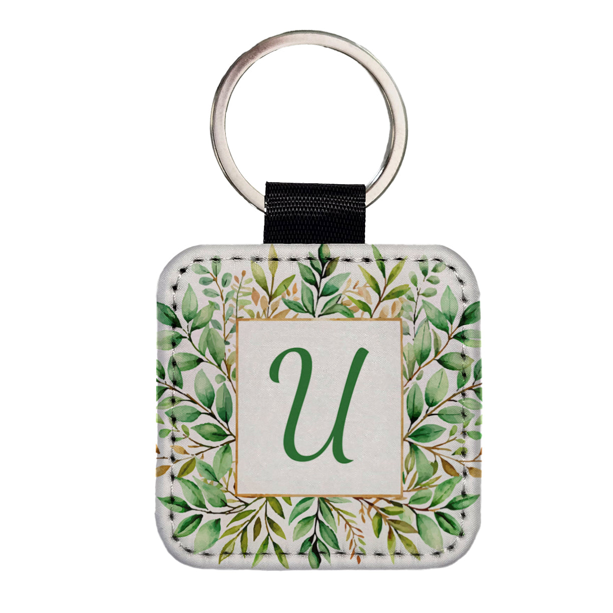 Letter U Initial Monogram Frame Leaf Square Faux Leather Keychain