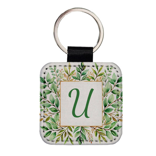 Letter U Initial Monogram Frame Leaf Square Faux Leather Keychain