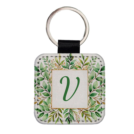 Letter V Initial Monogram Frame Leaf Square Faux Leather Keychain