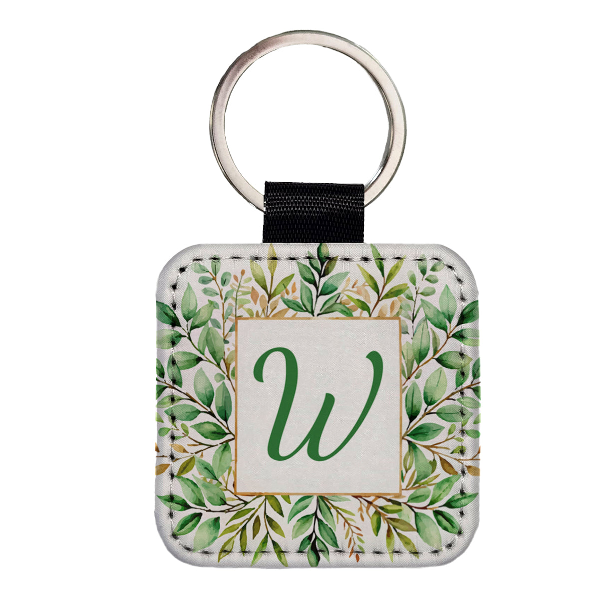 Letter W Initial Monogram Frame Leaf Square Faux Leather Keychain