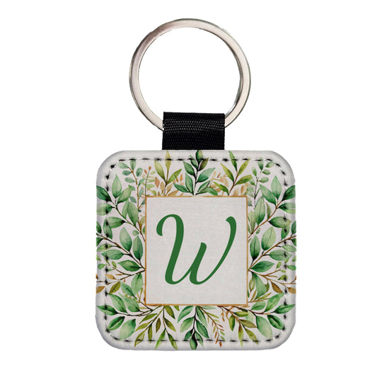 Letter W Initial Monogram Frame Leaf Square Faux Leather Keychain
