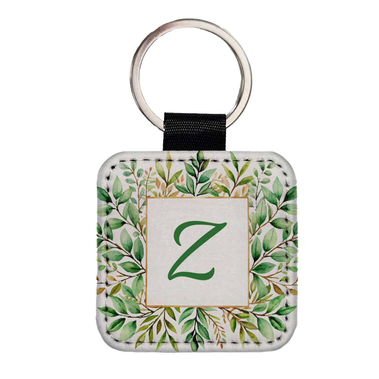 Letter Z Initial Monogram Frame Leaf Square Faux Leather Keychain