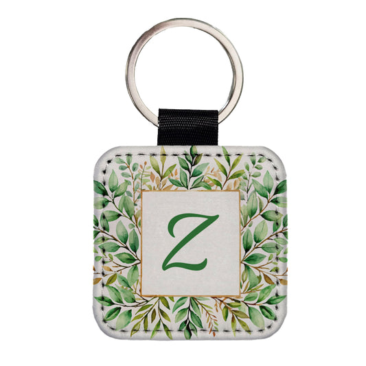 Letter Z Initial Monogram Frame Leaf Square Faux Leather Keychain