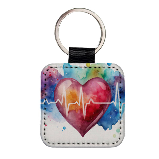 Life Pulse Heart Beat Doctor Nurse RN EMT Watercolor Square Faux Leather Keychain