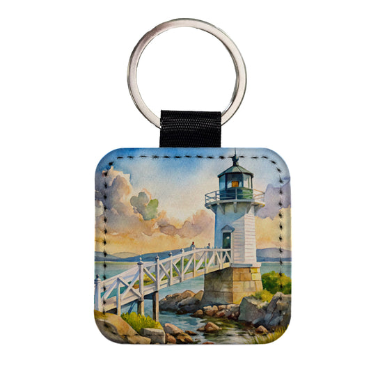 Lighthouse Like Marshall Point Maine Watercolor Square Faux Leather Keychain
