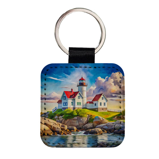 Lighthouse Like Nubble Lighthouse Maine Watercolor Square Faux Leather Keychain