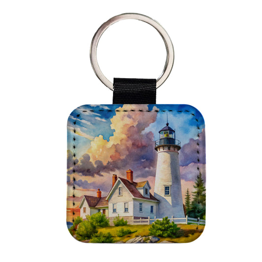 Lighthouse Like Pemaquid Point Maine Watercolor Square Faux Leather Keychain