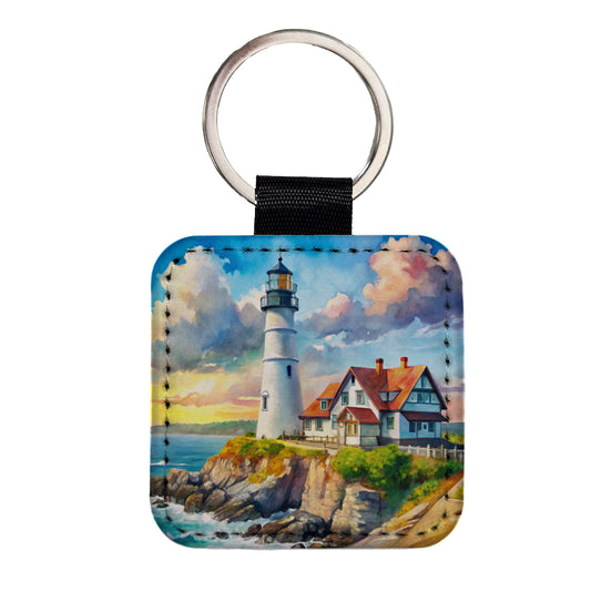 Lighthouse Like Portland Head Maine Watercolor Square Faux Leather Keychain