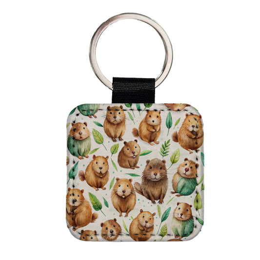 Lots Of Sweet Beavers Square Faux Leather Keychain