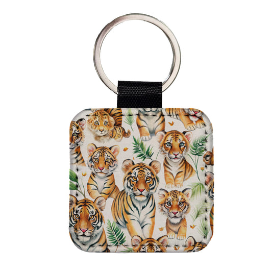 Lots Of Sweet Bengal Tigers Square Faux Leather Keychain