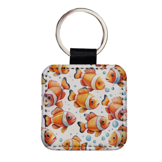 Lots Of Sweet Clownfish Square Faux Leather Keychain
