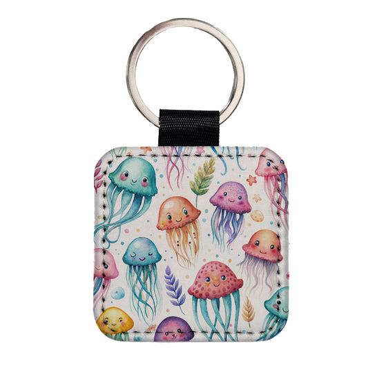 Lots Of Sweet Jellyfish Square Faux Leather Keychain