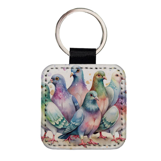 Lots Of Sweet Pigeons Square Faux Leather Keychain