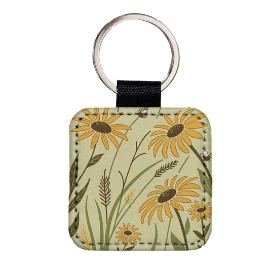 Lovely Sunflowers Square Faux Leather Keychain