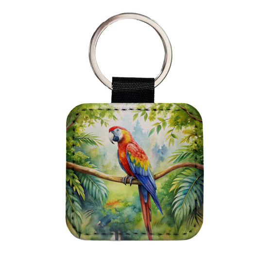 Macaw Parrot In Tree Bird Watercolor Square Faux Leather Keychain