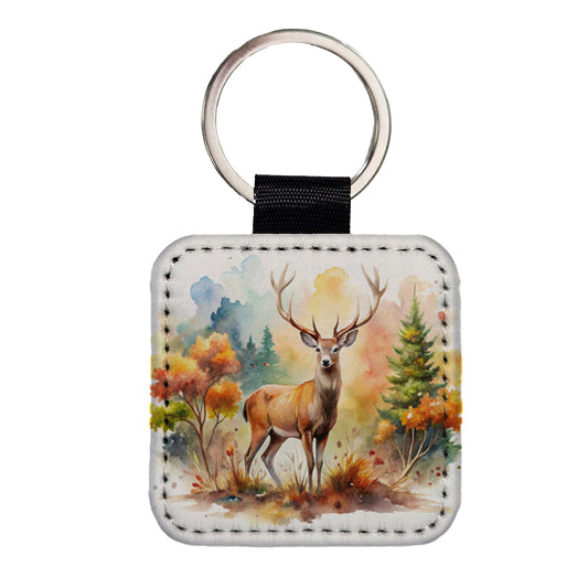 Majestic Deer Hunting Hunter Watercolor Square Faux Leather Keychain