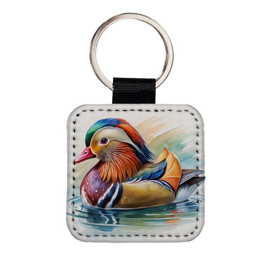 Mandarin Duck Watercolor Square Faux Leather Keychain