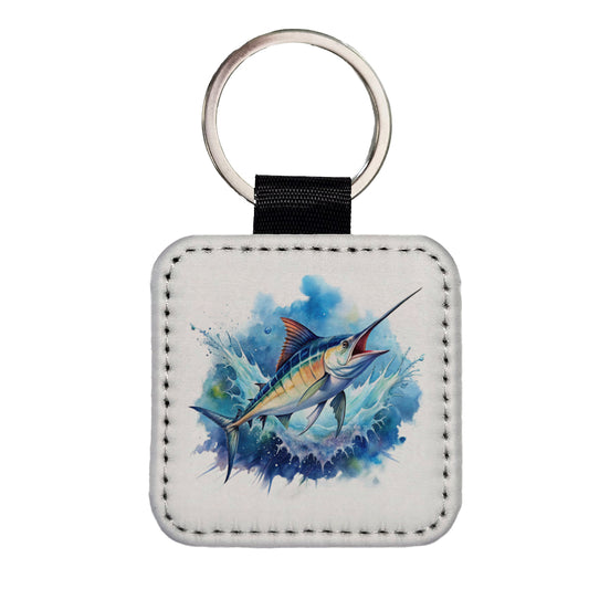 Marlin Jumping In The Ocean Deep Sea Sport Fishing Watercolor Square Faux Leather Keychain