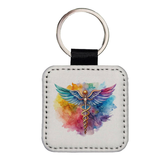 Medical Caduceus Doctor Nurse RN EMT Watercolor Square Faux Leather Keychain