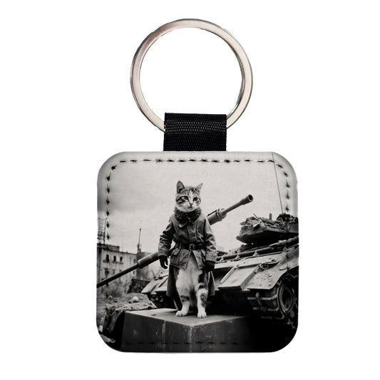 Military Resistance War Soldier Cat Retro Black And White Square Faux Leather Keychain