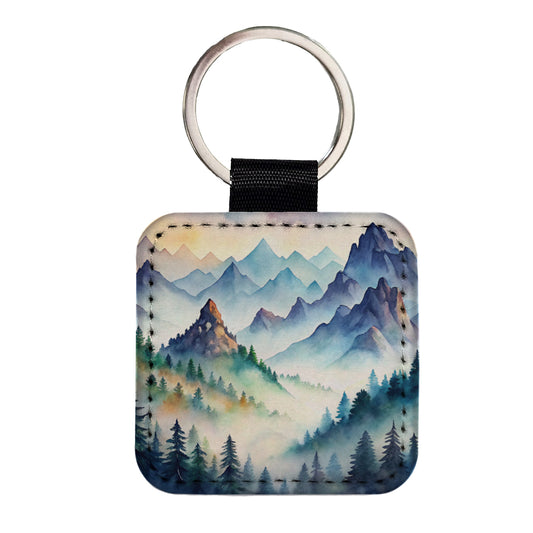 Mist Covered Mountains Misty Watercolor Square Faux Leather Keychain