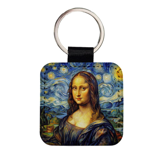Mona Lisa Van Gogh Style Square Faux Leather Keychain