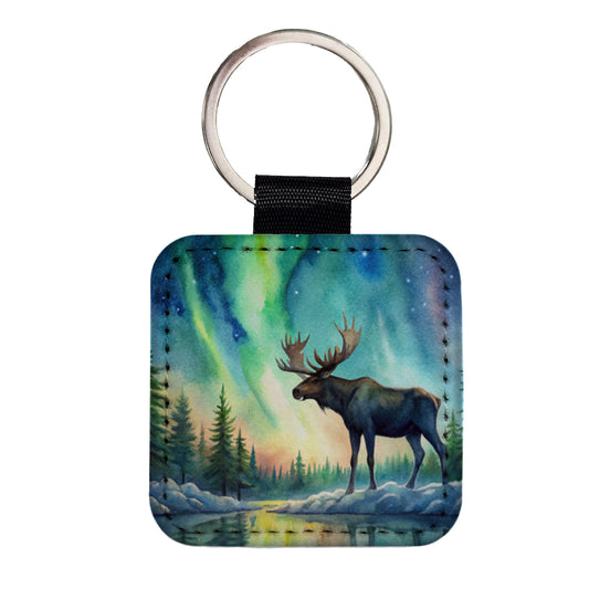 Moose And Northern Lights Watercolor Square Faux Leather Keychain