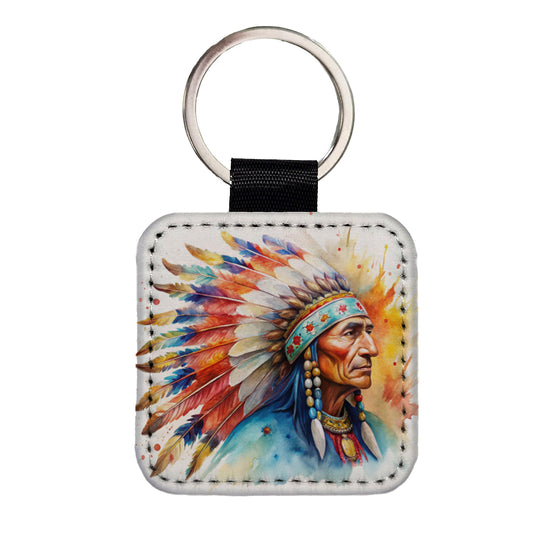 Native American Indian Chief Feather Headdress Watercolor Square Faux Leather Keychain