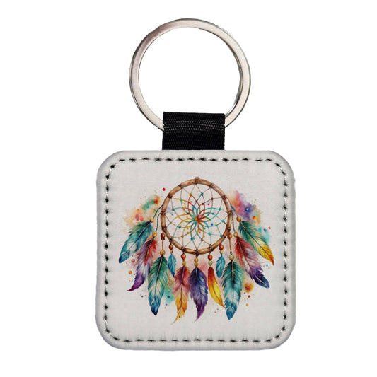 Native American Indian Dreamcatcher Watercolor Square Faux Leather Keychain