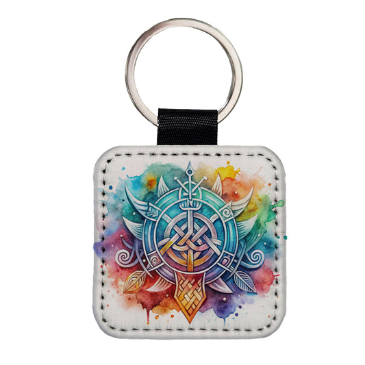 Norse Viking Symbols Watercolor Square Faux Leather Keychain