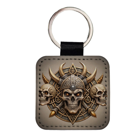 Norse Viking Symbols With Skulls Square Faux Leather Keychain