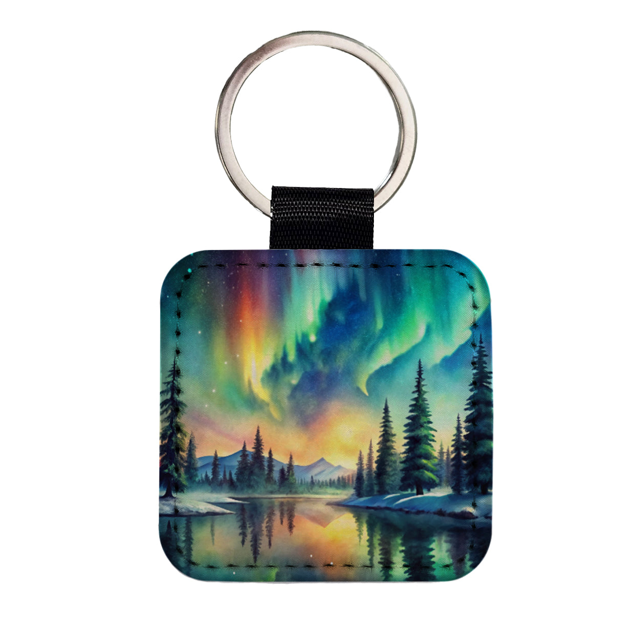 Northern Lights Watercolor Beautiful Square Faux Leather Keychain